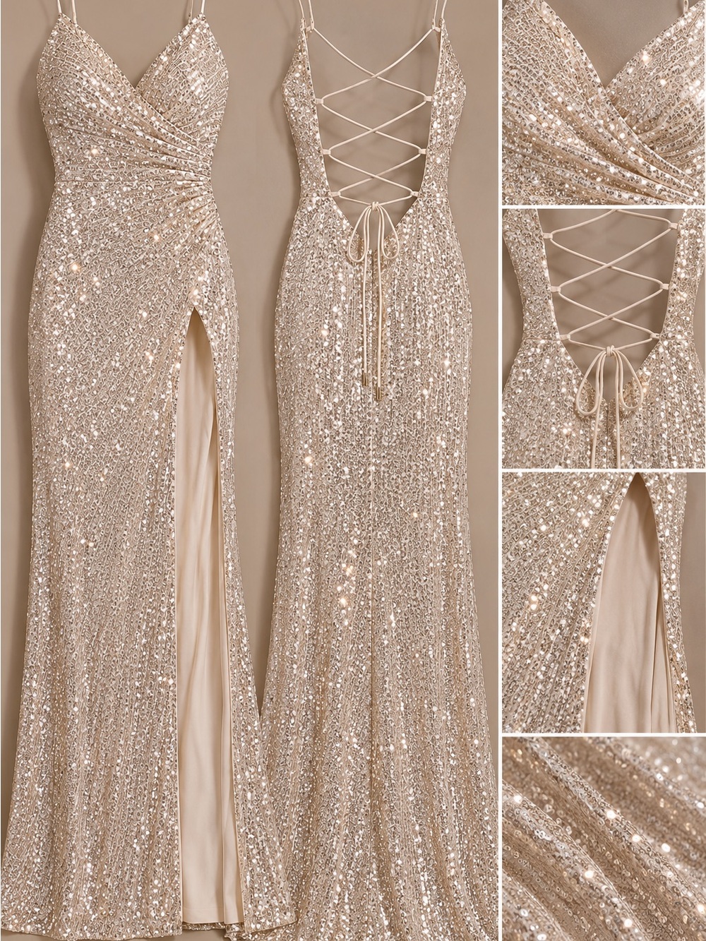 Sequin Lace-Up Back Champagne Prom Dress